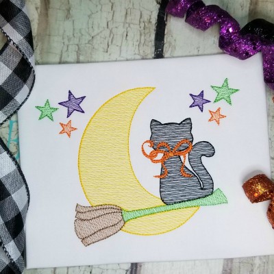 Halloween cat moon embroidery design, sketch stitch